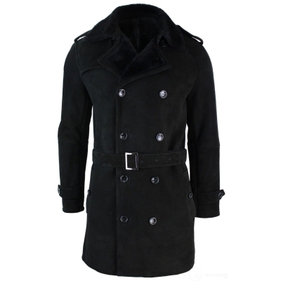 Mens Sherling Sheepskin Black Grey Double Breasted Belted 3/4 Overcoat