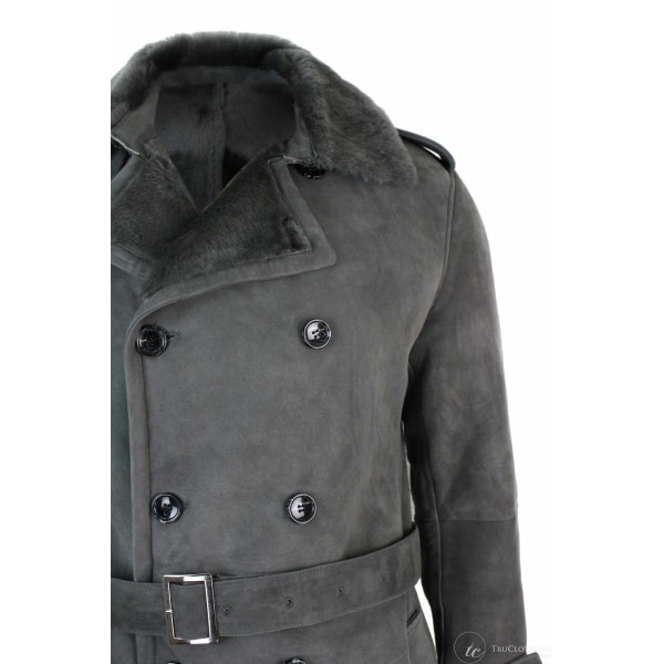 Mens Sherling Sheepskin Black Grey Double Breasted Belted 3/4 Overcoat