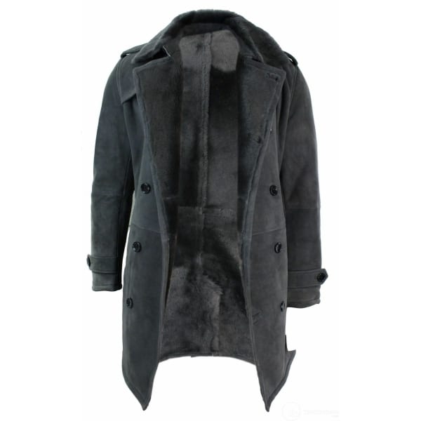 Mens Sherling Sheepskin Black Grey Double Breasted Belted 3/4 Overcoat