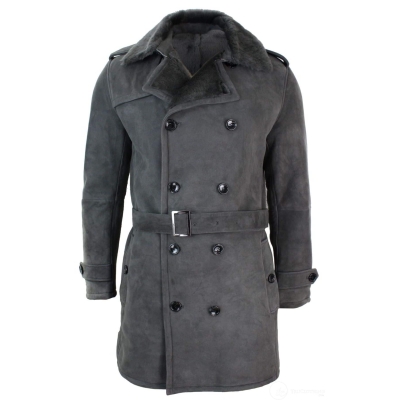 Mens Sherling Sheepskin Black Grey Double Breasted Belted 3/4 Overcoat