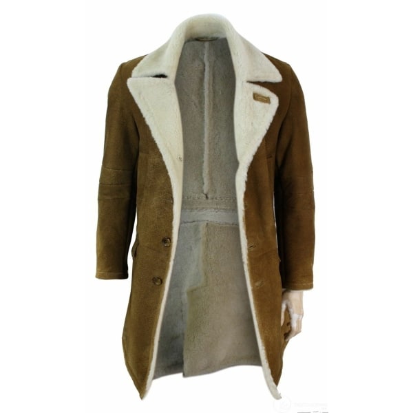 Mens Sherling Sheepskin Tan Brown 3/4 Overcoat Vintage Retro Winter Warm