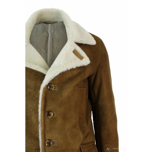 Mens Sherling Sheepskin Tan Brown 3/4 Overcoat Vintage Retro Winter Warm