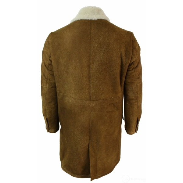 Mens Sherling Sheepskin Tan Brown 3/4 Overcoat Vintage Retro Winter Warm