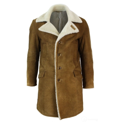 Mens Sherling Sheepskin Tan Brown 3/4 Overcoat Vintage Retro Winter Warm