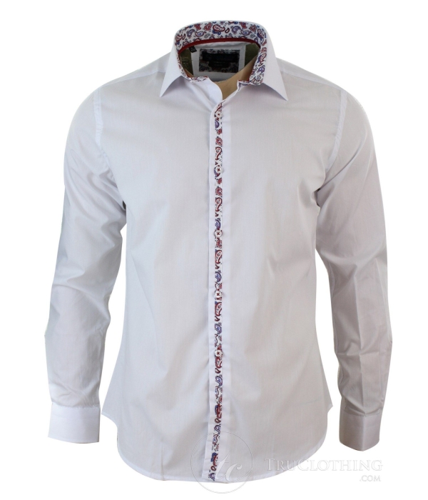 Mens Slim Fit Italian Button Shirt Cotton Paisley Floral Design Smart Casual