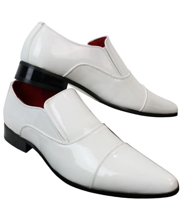 Mens Smart Formal Slip On White Patent Shiny Shoes Leather Lined Italian