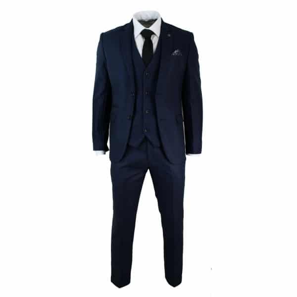 Mens Tailored Fit 3 Piece Blue Black Smart Formal Designer Suit Wedding Party