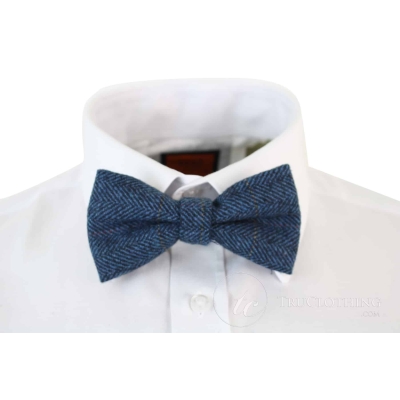 Mens Tweed Herringbone Textured Marc Darcy Bow Ties Vintage Retro Deon Blue