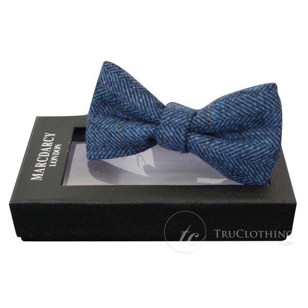 Mens Tweed Herringbone Textured Marc Darcy Bow Ties Vintage Retro Deon Blue