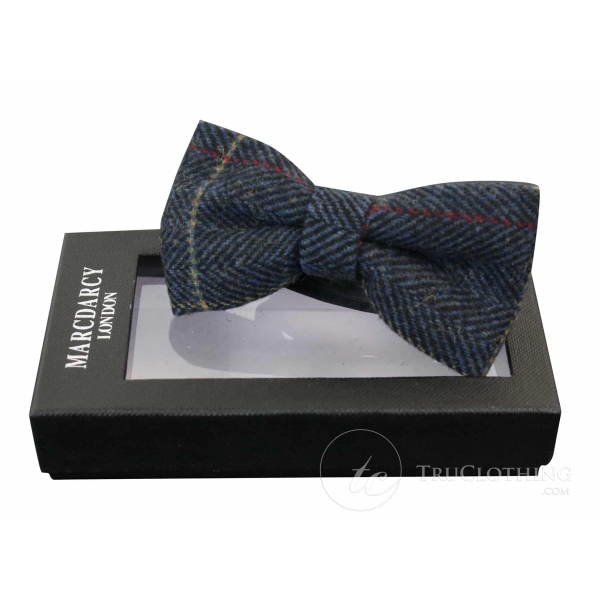 Mens Tweed Herringbone Textured Marc Darcy Bow Ties Vintage Retro Eton Navy Blue