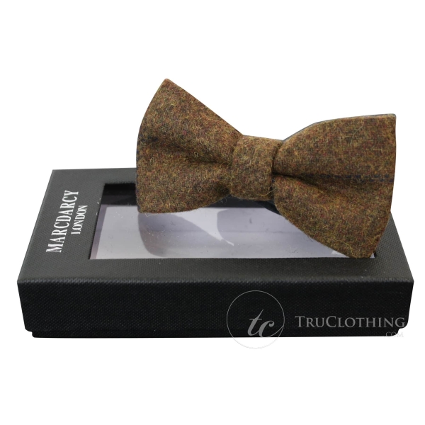 Mens Tweed Herringbone Textured Marc Darcy Bow Ties Vintage Retro Tan Brown Nelson