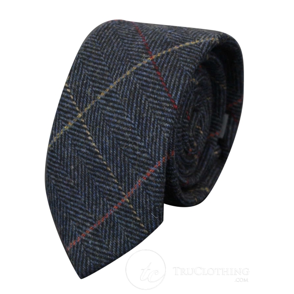 Mens Tweed Herringbone Textured Marc Darcy Ties Classic Vintage Retro Eton Navy Blue