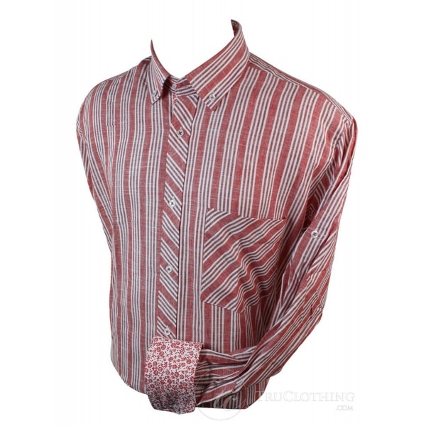 Mens White Red Stripe Shirt Button Collar Linen Light Smart Casual