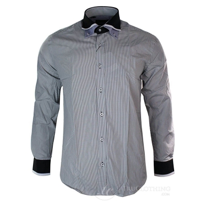 Mens White Stripe Italian Double Collar Button Shirt Slim Fit Smart Casual