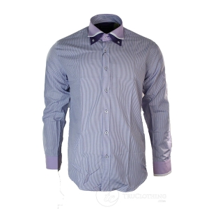 Mens White Stripe Italian Double Collar Button Shirt Slim Fit Smart Casual