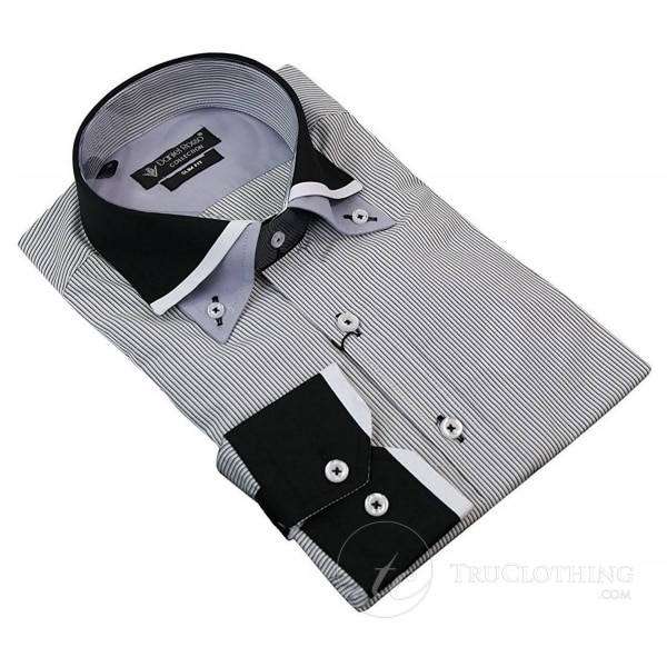 Mens White Stripe Italian Double Collar Button Shirt Slim Fit Smart Casual