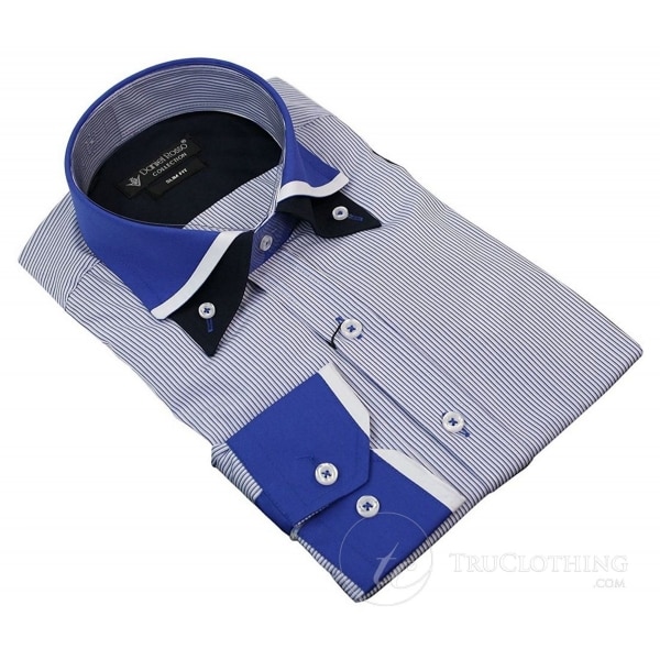 Mens White Stripe Italian Double Collar Button Shirt Slim Fit Smart Casual