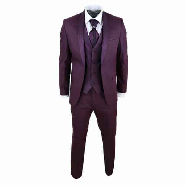 Mens Wine 4 Piece Shawl Lapel Suit