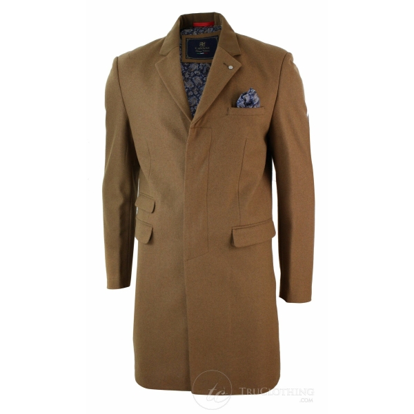 Mens Winter Over Coat 3/4 Trench Jacket Herringbone Long Velvet Trim Button-Tan