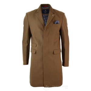 Mens Winter Over Coat 3/4 Trench Jacket Herringbone Long Velvet Trim Button-Tan