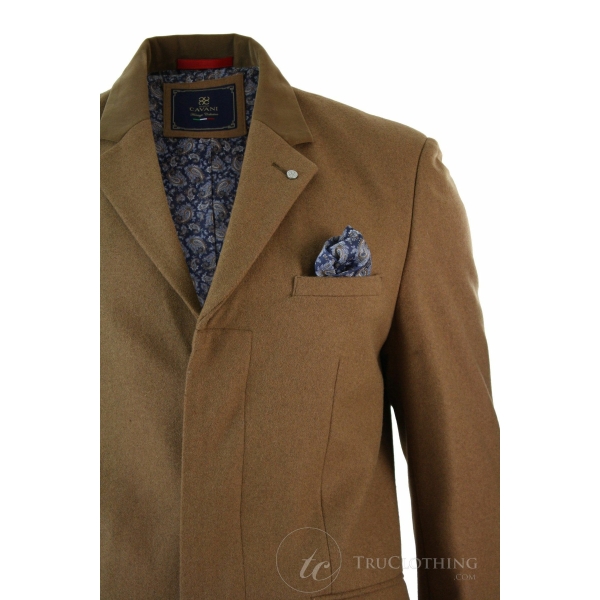 Mens Winter Over Coat 3/4 Trench Jacket Herringbone Long Velvet Trim Button-Tan