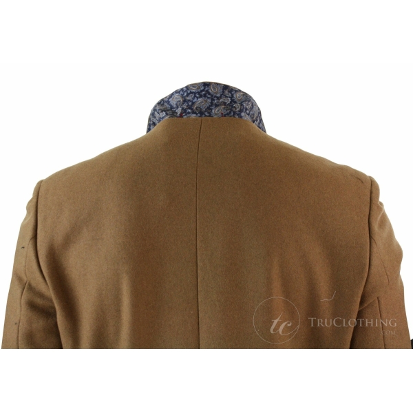 Mens Winter Over Coat 3/4 Trench Jacket Herringbone Long Velvet Trim Button-Tan