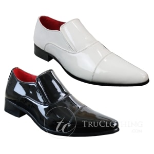 Mens Smart Formal Slip On White Patent Shiny Shoes Leather Lined Italian