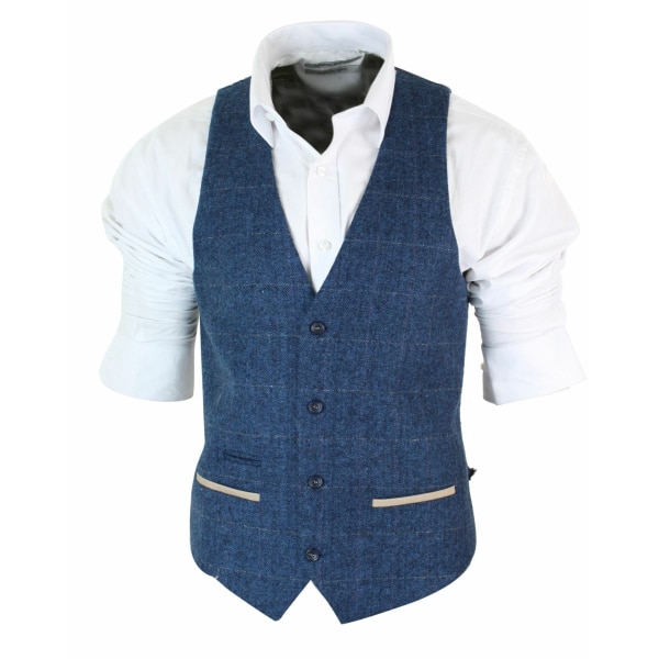 Mens Herringbone Tweed Vintage Check Waistcoat Velvet Trim Blue Brown Grey