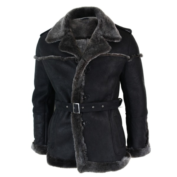 Infinity Ozzy Mens Double Breasted Real Sherling Navy Captain Sheepskin Jacket Belted Grey Black