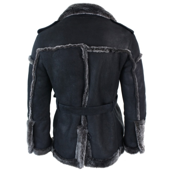 Infinity Ozzy Mens Double Breasted Real Sherling Navy Captain Sheepskin Jacket Belted Grey Black