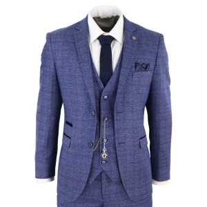 Mens Tweed Blue 3 Piece Check Suit Pocket Watch Tailored Fit Peaky Blinders