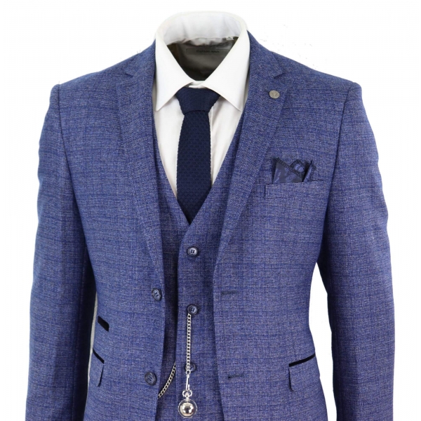 Mens Tweed Blue 3 Piece Check Suit Pocket Watch Tailored Fit Peaky Blinders