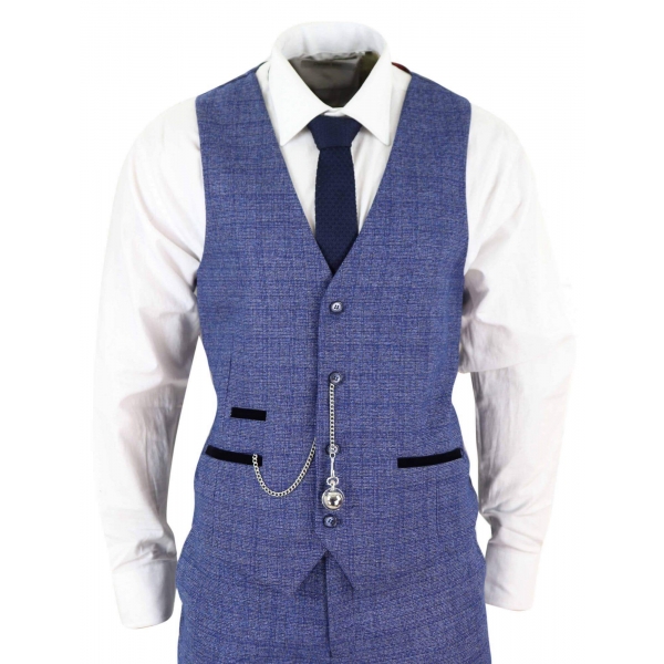 Mens Tweed Blue 3 Piece Check Suit Pocket Watch Tailored Fit Peaky Blinders