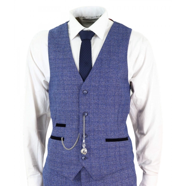 Mens Tweed Blue 3 Piece Check Suit Pocket Watch Tailored Fit Peaky Blinders