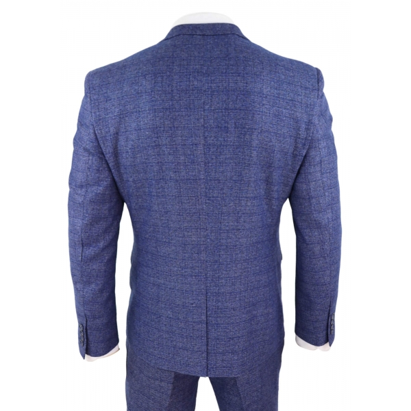 Mens Tweed Blue 3 Piece Check Suit Pocket Watch Tailored Fit Peaky Blinders