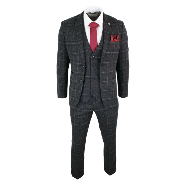 Paul Andrew Harvey - Mens Charcoal Grey Black 3 Piece Tweed Suit Wine Vintage Retro Peaky Blinders