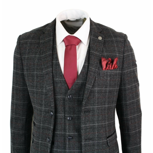 Paul Andrew Harvey - Mens Charcoal Grey Black 3 Piece Tweed Suit Wine Vintage Retro Peaky Blinders