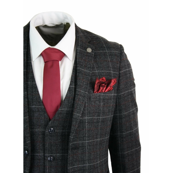 Paul Andrew Harvey - Mens Charcoal Grey Black 3 Piece Tweed Suit Wine Vintage Retro Peaky Blinders