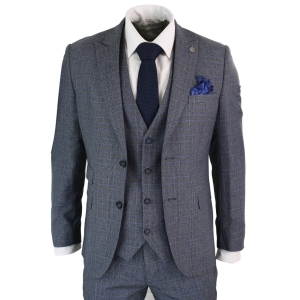 Paul Andrew Henry – Mens 3 Piece Tailored Fit Prince Of Wales Check Grey Blue Tweed Suit Vintage Retro