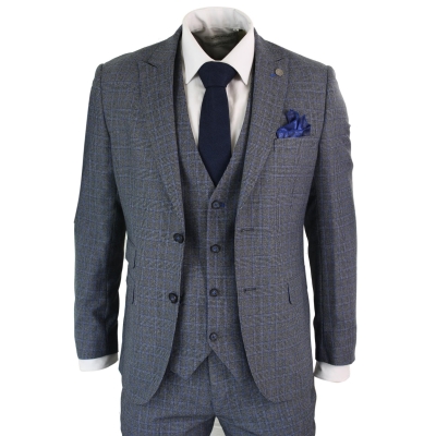 Paul Andrew Henry - Mens 3 Piece Tailored Fit Prince Of Wales Check Grey Blue Tweed Suit Vintage Retro