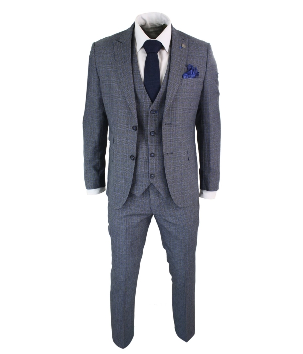 Paul Andrew Henry - Mens 3 Piece Tailored Fit Prince Of Wales Check Grey Blue Tweed Suit Vintage Retro