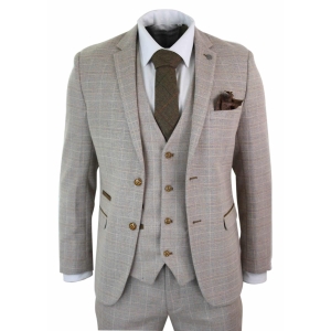 Paul Andrew Holland – Mens Check Tweed Beige Brown 3 Piece Suit Wedding Prom Vintage Retro Classic