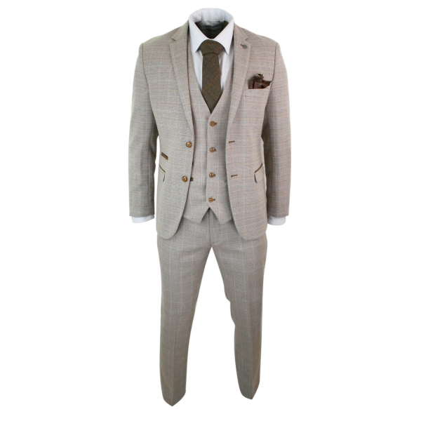 Paul Andrew Holland - Mens Check Tweed Beige Brown 3 Piece Suit Wedding Prom Vintage Retro Classic