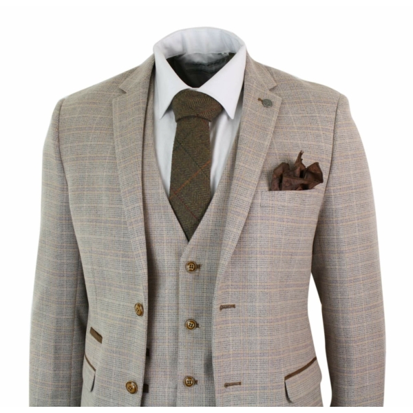 Paul Andrew Holland - Mens Check Tweed Beige Brown 3 Piece Suit Wedding Prom Vintage Retro Classic