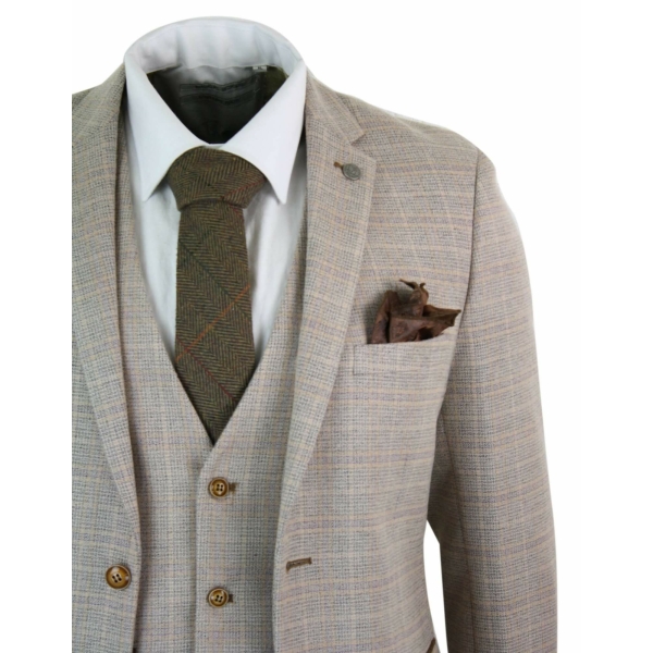 Paul Andrew Holland - Mens Check Tweed Beige Brown 3 Piece Suit Wedding Prom Vintage Retro Classic