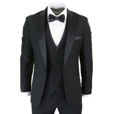 Paul Andrew Regent Black - Mens 3 Piece Black Classic Satin Tuxedo Dinner Suit Tailored Fit Wedding Prom