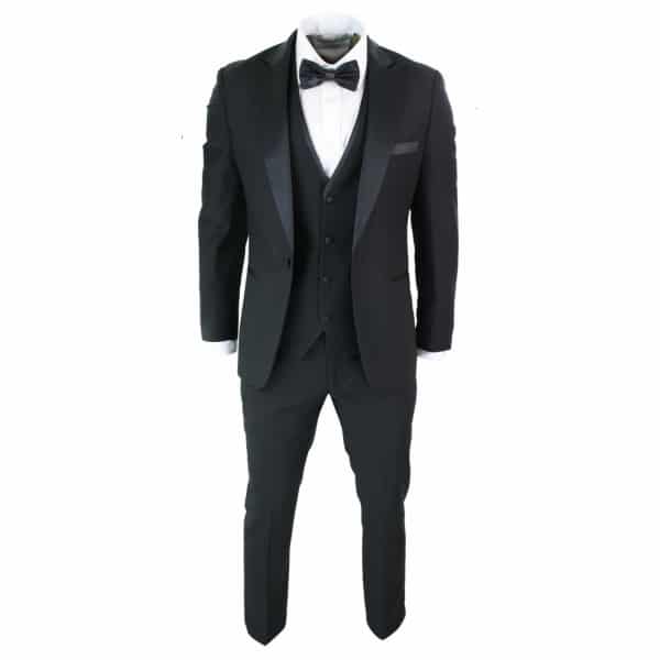 Paul Andrew Regent Black - Mens 3 Piece Black Classic Satin Tuxedo Dinner Suit Tailored Fit Wedding Prom