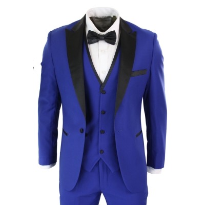 Paul Andrew Regent Blue - Mens 3 Piece Blue Black Satin Tuxedo Dinner Suit Tailored Fit Wedding Prom Groom