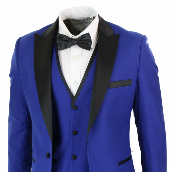 Paul Andrew Regent Blue - Mens 3 Piece Blue Black Satin Tuxedo Dinner Suit Tailored Fit Wedding Prom Groom