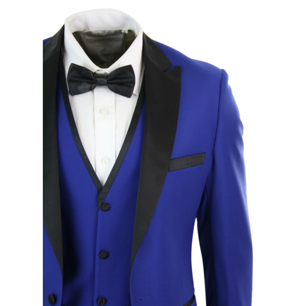 Paul Andrew Regent Blue - Mens 3 Piece Blue Black Satin Tuxedo Dinner Suit Tailored Fit Wedding Prom Groom